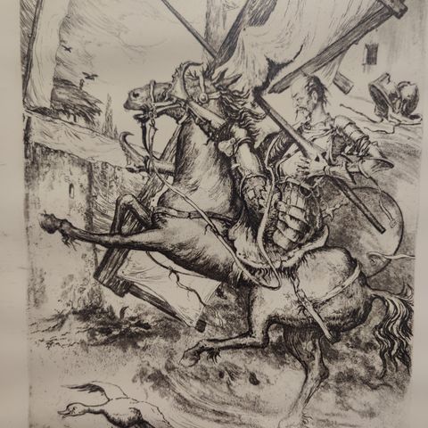 Arent Christiansen, don quijote kamp mot vindmøller 25X35 cm m/ramme