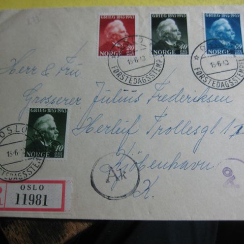 FDC Grieg 1943 rekomandert   til København st AO og AK