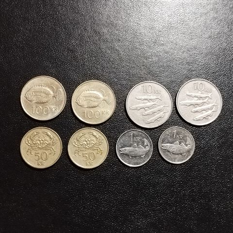 islandske mynter 8 stykker 1,10,50,100 island kroner