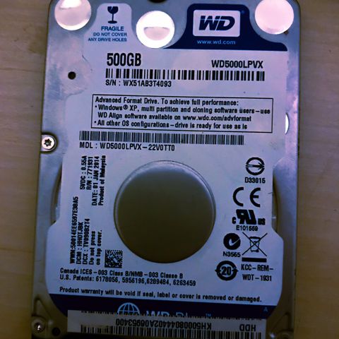 HDD 500GB fra WD