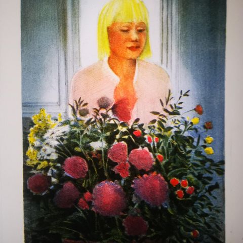 Vakker Litografi, kvinne med blomster av Kjell Torjussen