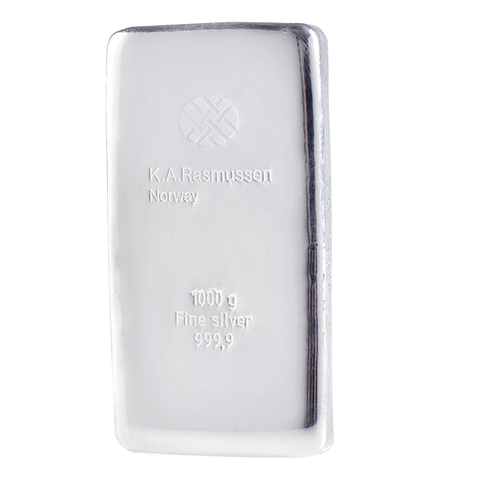 PRISGARANTI* 1 kg sølvbarre fra K. A. Rasmussen 999,9 Sølv