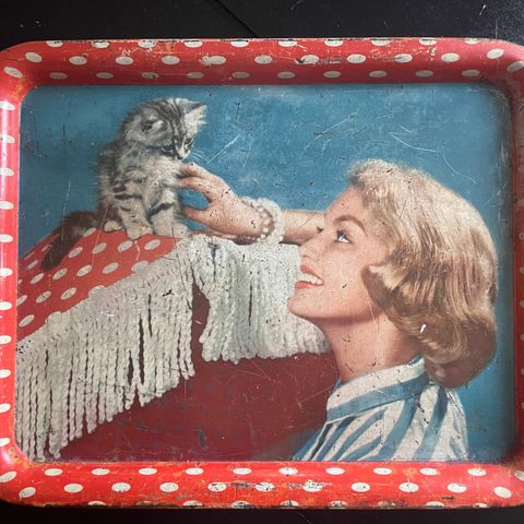 Sjarmerende retro brett / serveringsbrett dame med katt. Ca 1950 / 1960