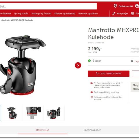 Manfrotto MHXPRO BHQ2 kulehode | Strøkent | 15 kg! | Gradeskive | 2 vatre