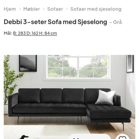 Flott sofa i grå velur