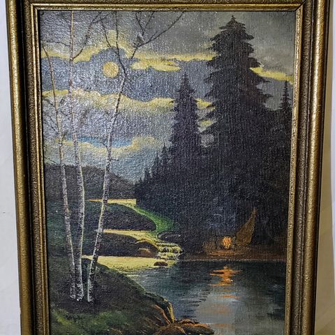 HENTES Originalt stemningsfullt maleri med nattlandskap