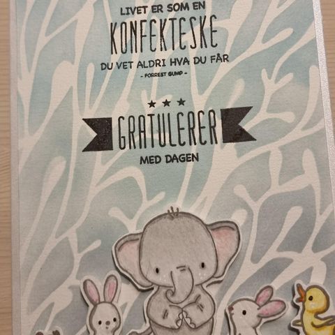 Håndlagede kort med elefant, kjempesøte.