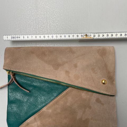 70s style Green and grey, leather and suede handmade clutch.