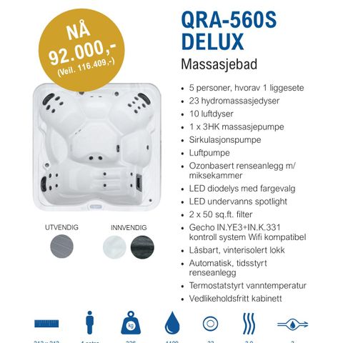 Nytt MASSASJEBAD / BOBLEBAD / SPABAD / UTEBAD. Prisvinnermodellen QRA 560S DeLux