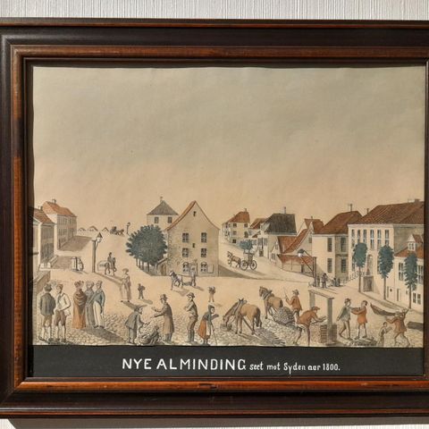 "Nye Alminding i Bergen, 1800", akvarell sign. I. Økland, 1932