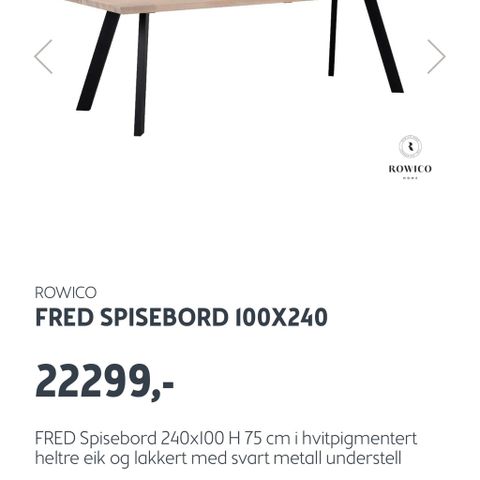 Rowico Fred Spisebord 100 x 240 cm hvitpigmentert eik uåpnet i pakning selges