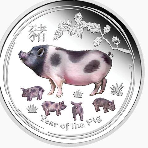 1 oz  farget 2019 Australia Sølv Lunar Year of the Pig    .999  Bu kvalitet