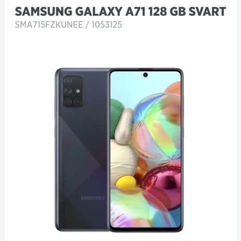 Samsung galaxy a71 6,7 toms skjerm, 64Mp hovedkamera