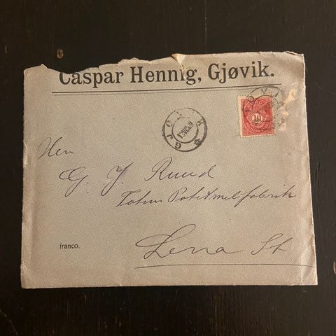 1 brev fra 1909 med Gjøvik stempel