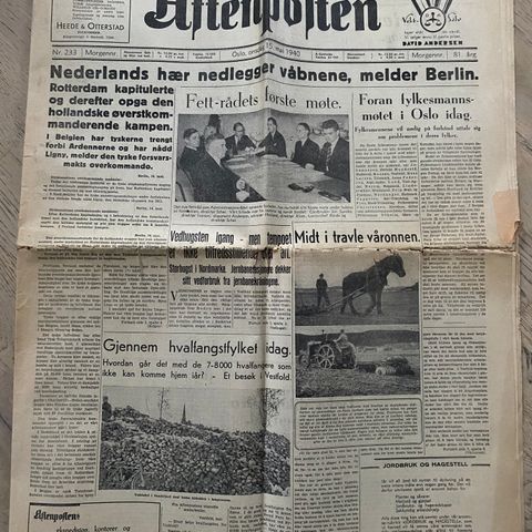 Aftenposten 15. mai 1940: Hvalfangsfylket Vestfold