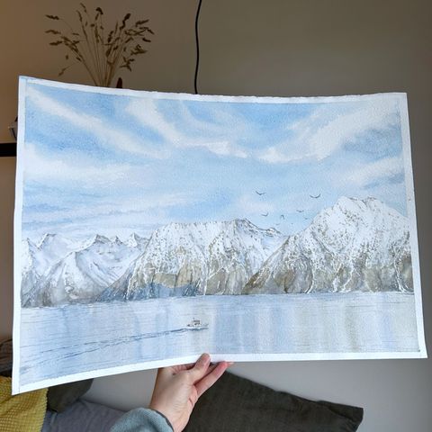 Norsk natur og fjell "Hjørundfjorden" , akvarell