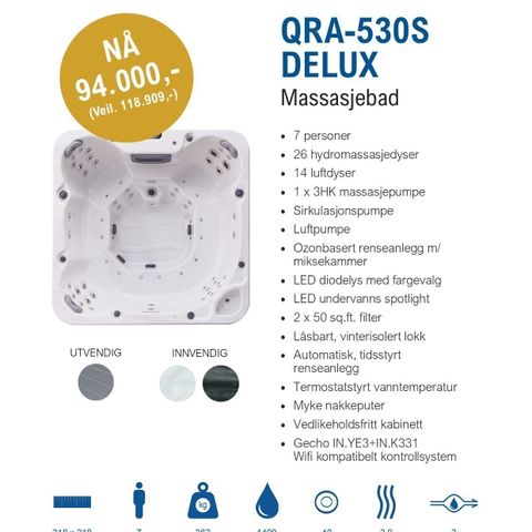 Nytt MASSASJEBAD / BOBLEBAD / SPABAD / UTEBAD Prisvinnermodellen QRA 530S DeLux