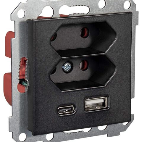 VEGGUTTAK 2XEURO USB A-C 3A SORT INNFELT STIKK OG LADER