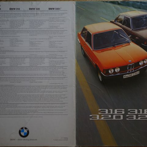 BMW 316, 318, 320, 320i    E21  1975 brosjyre engelsk tekst.