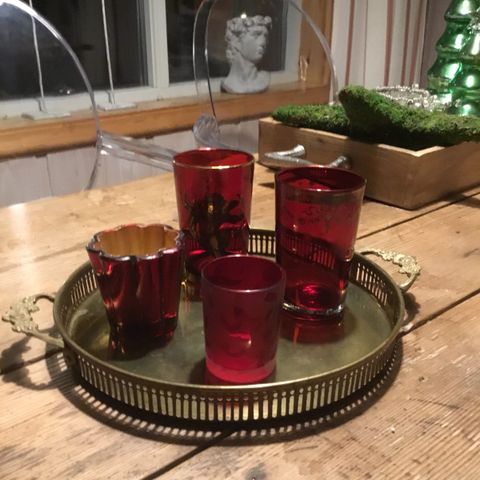 Julpynt antikk lys fat og 4 glass