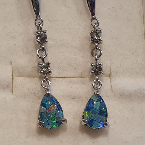 Australian Mosaic Opal Green Sapphire Safir 925 Sølv Silver Earrings Øredobber