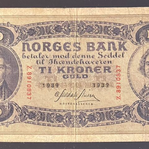 NORGE. 10 KRONER 1939 Z.  KVALITET 1+