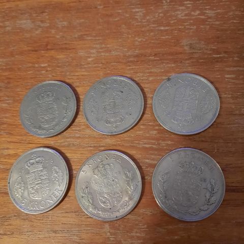 6 stk 5 kroner Danmark 1965, 67, 72, 76, 78, 78