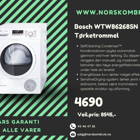 Bosch WTW86268SN Tørketrommel - 24 mnd garanti på alle produkter!
