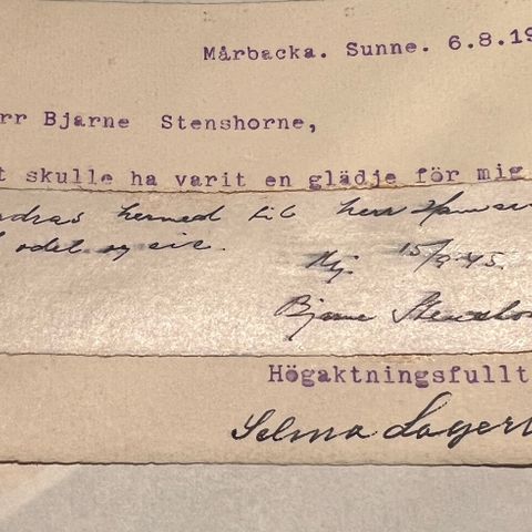 Selma Lagerlöf signert kort