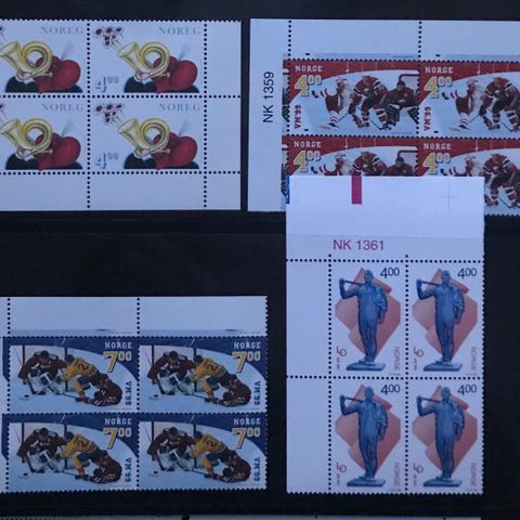 Norge frimerker postfrisk, nk 1355 + 1359-1361 **, 4 prima 4-blokker 1999