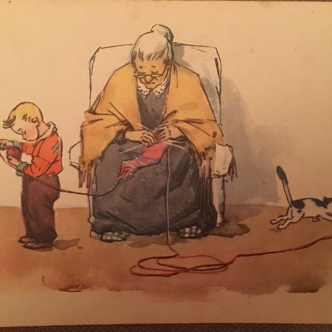 Vintage postkort 1956, kunst «Assistenter». Barn -katt- bestemor.