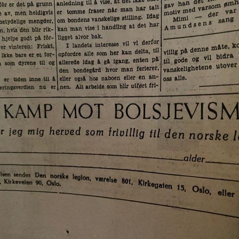 Aftenposten 30. juli 1941: Verv deg til Den norske Legion - kupong