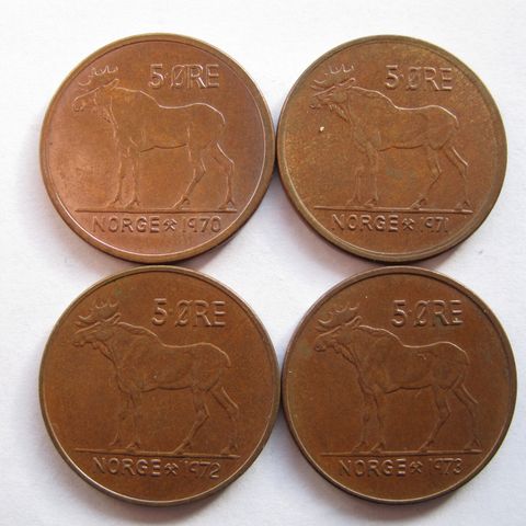 Mynter 5 ører 1970, 71, 72, 73 kvalitet 0 kr. 10,- pr. stk