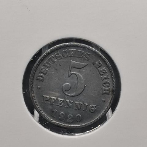 Tyskland 5 pfennig 1920, German Empire zink plated iron