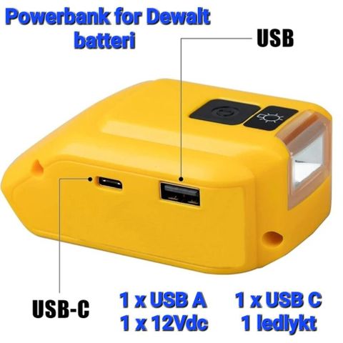 Powerbank USB adapter med god ledlykt for Dewalt