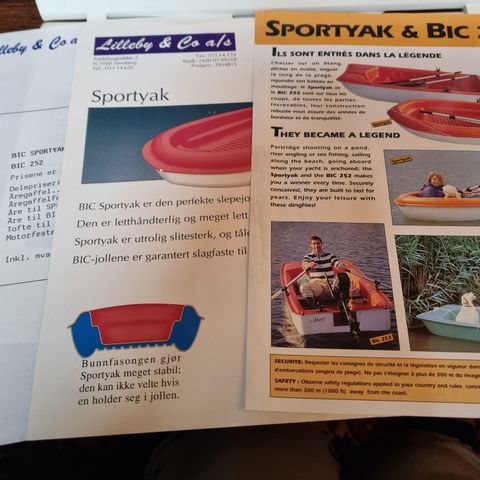 Sportyak & BIC joller - 1993 brosjyre med prisliste over Sportyak & BIC joller