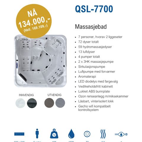 Nytt QSL-7700 MASSASJEBAD / BOBLEBAD / SPABAD / UTEBAD / SPA / BAD. PÅ SALG NÅ