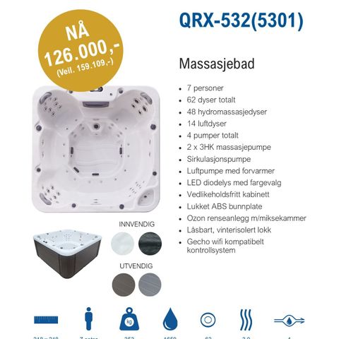 Nytt QSM-5301 MASSASJEBAD / BOBLEBAD / SPABAD / UTEBAD / SPA / BAD. PÅ SALG NÅ