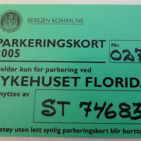 Kun kr 5 PARKERINGSKORT FLORIDA SYKEHUSET