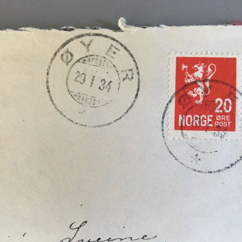 Norge 1934 Brev stemplet Øyer 29. 1. 34 - sendt til Hemnes Høland