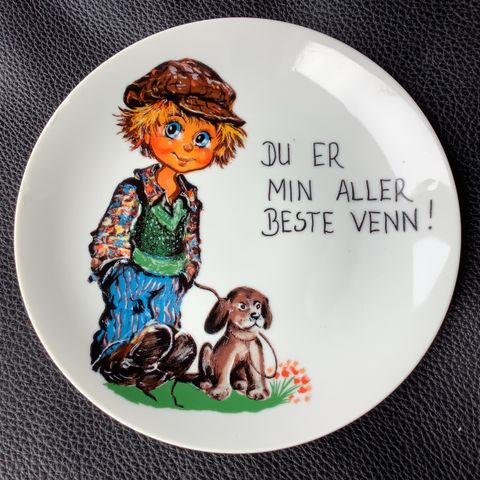 Platte.  Retro med HUND + TEKST:  DU ER MIN ALLER BESTE VENN.