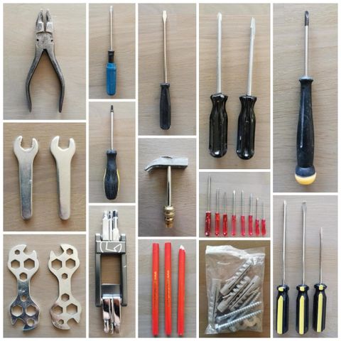 Diverse verktøy - skrujern, unbrako, tang, skiftenøkler mm