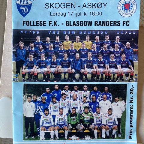 Fotballprogram jubileumskamp Follese- Glasgow 1999