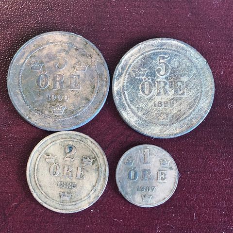 Sverige 2x 5 øre 1899 og 1900 2 øre 1885 1 øre 1907 mynter