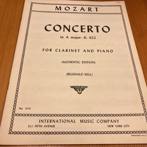 MOZART - CONCERTO IN A MAJOR-K. 622 FOR CLARINET AND PIANO