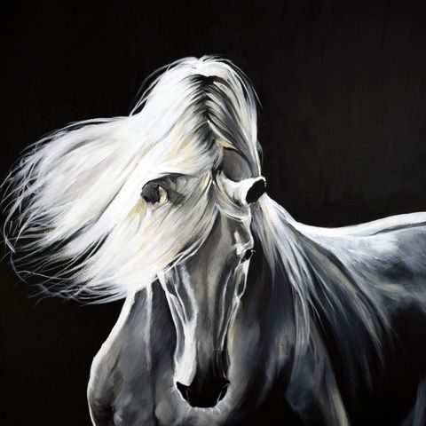 Akrylmaleri av en hvit hest, 70x90cm