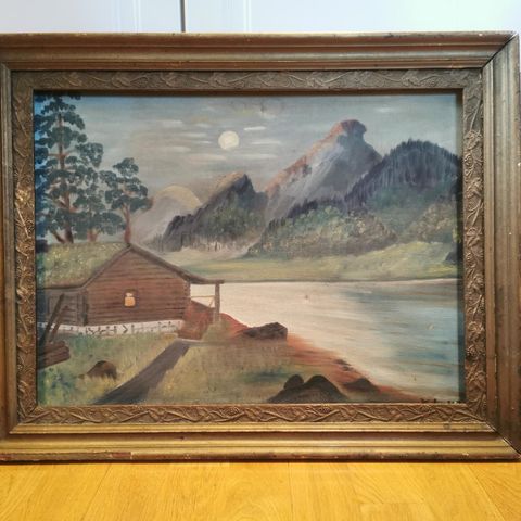 Gammelt oljemaleri - "Hytte ved fjella" - 1943 - 61 x 47,5 cm