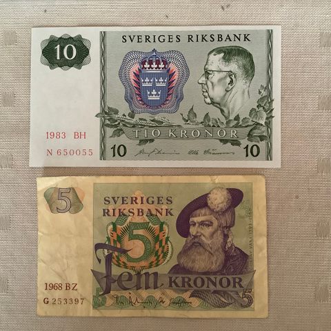 Svenske sedler, 5- og 10-krone