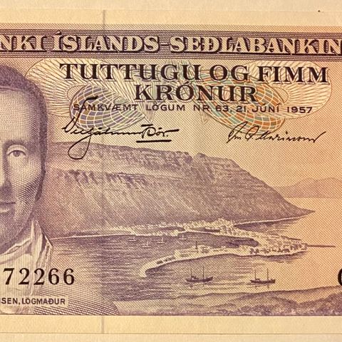 ISLAND. 25 KRONUR. 1957. ( lov av 21.06.1957). Unc