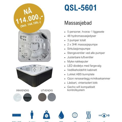 Nytt QSL-5601 MASSASJEBAD / BOBLEBAD / SPABAD / UTEBAD /SPA / BAD. PÅ SALG NÅ!